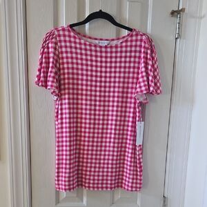 LIZ CLAIBORNE WOMEN'S PINK AND WHITE CHECKERED SHORT SLEEVES SUMMER TOP MEDIUM